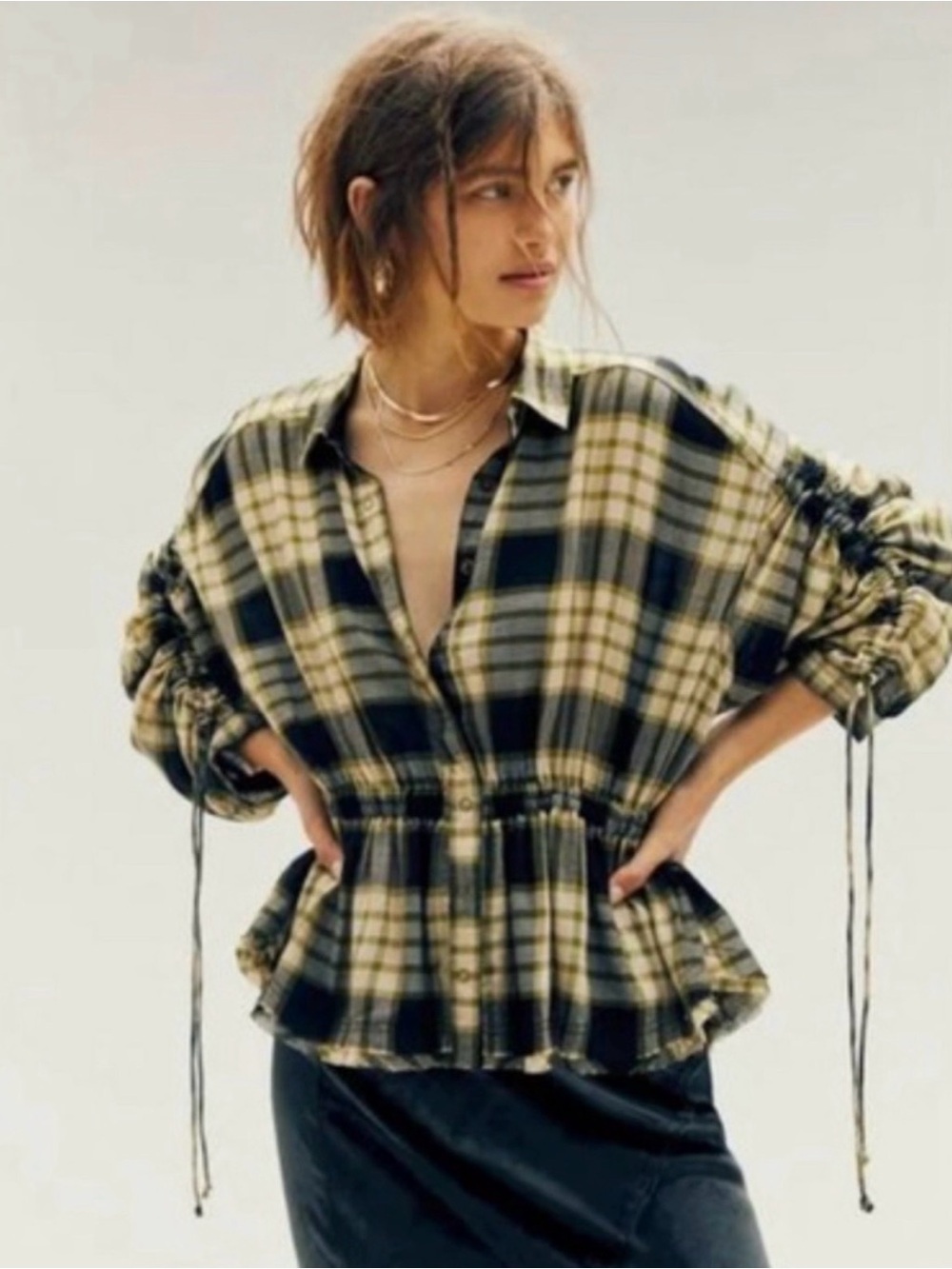 Free People Plaid Drawstring Peplum Button-Front Top in Olive Green/Black